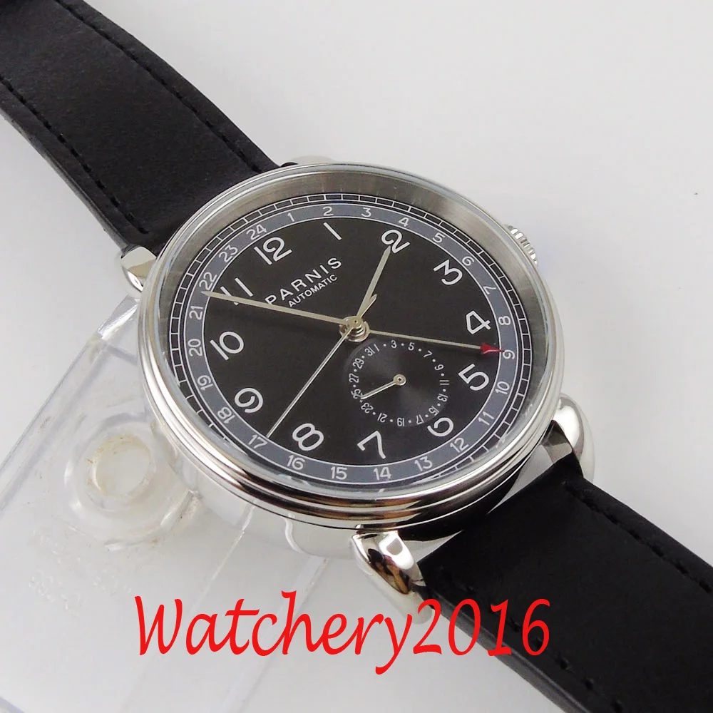 PARNIS 42mm Black Dial GMT Silver Case Arab Mark Date Window Leather Strap Mens Top Leisure Automatic Mechanical Watch