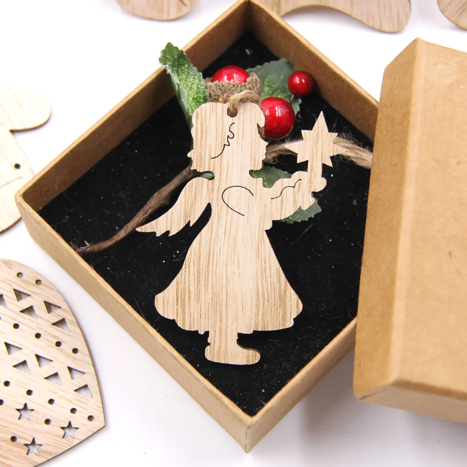 6PCS Vintage Christmas Wooden Pendant Hollow Canton Hanging Ornaments for Christmas Tree Decoration  DIY Wood Crafts Kids Toys