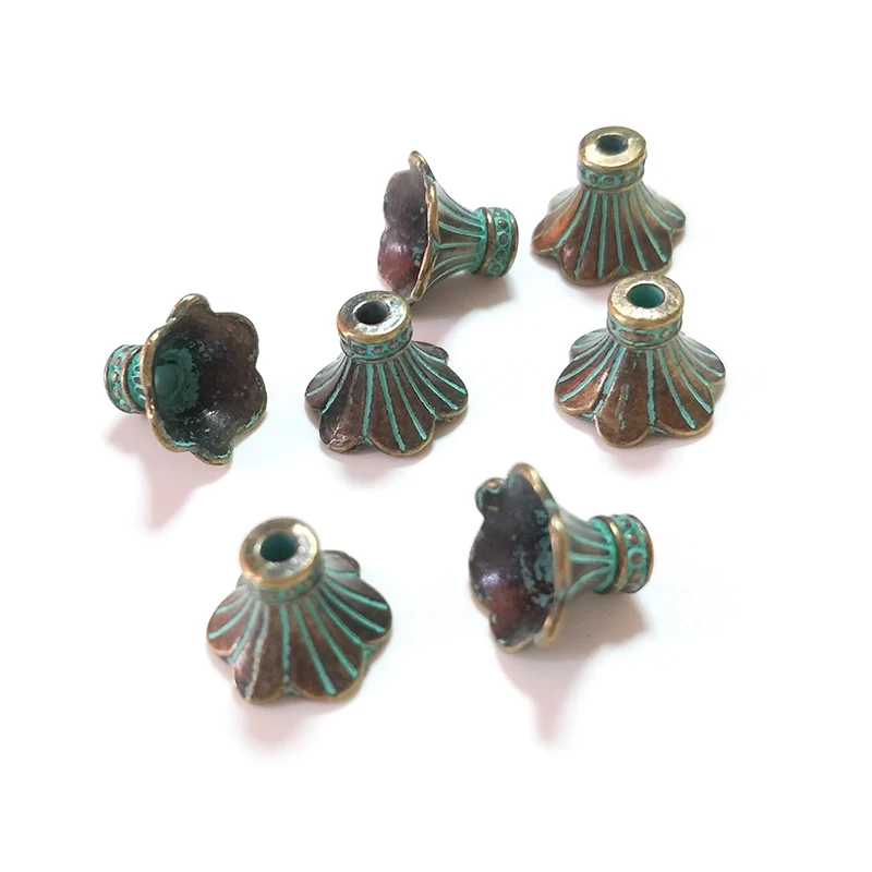 20pcs/bag 13mm Retro Patina Plated Zinc Alloy Green Flower Spacer Bead End Caps For DIY Jewelry Accessories