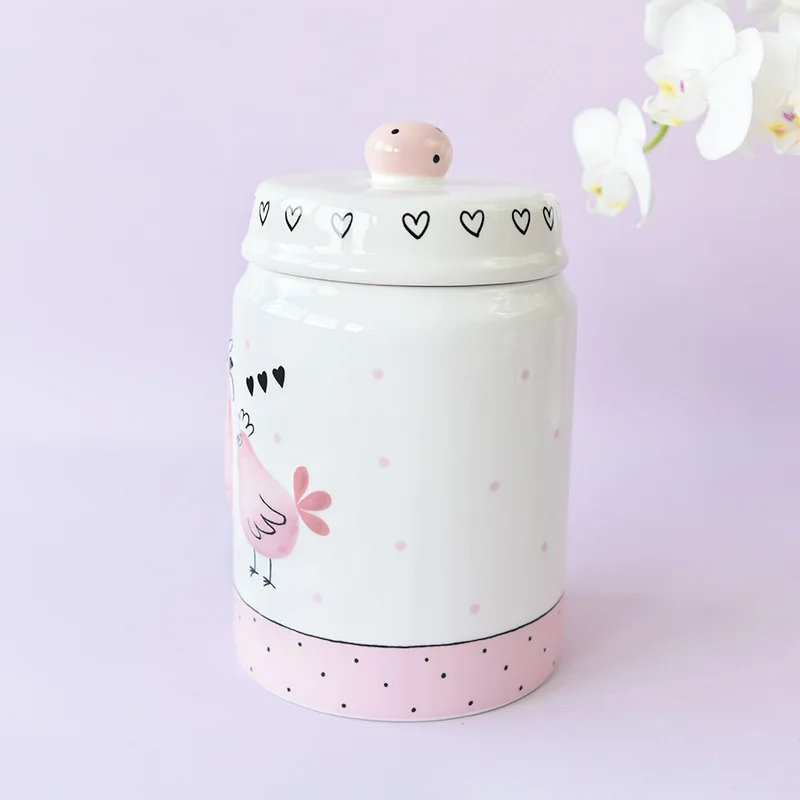 High quality elegant pink gold-plated embossed chicken cute sealed cans storage cans biscuits tea large medium and small ceramic