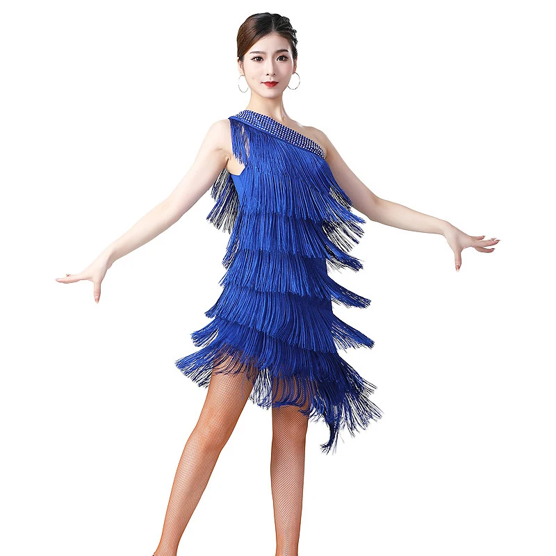 Women Dance Clothes Ballroom Samba Drilled Fringes Costume Oblique Shoulder Party Tassels Dresses Stretchy One-piece Latin Dress