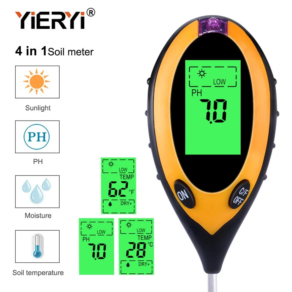 Yieryi cyfrowy miernik pH gleby 4 w 1. Monitor wilgotności. Tester temperatury i światła słonecznego do uprawiania roślin ogrodniczych z czarnym