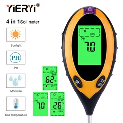 Yieryi Digitales 4-in-1-Boden-PH-Messgerät, Feuchtigkeitsmonitor, Temperatur-Sonnenlicht-Tester für Gartenpflanzen, Landwirtschaft mit Schwarzlicht