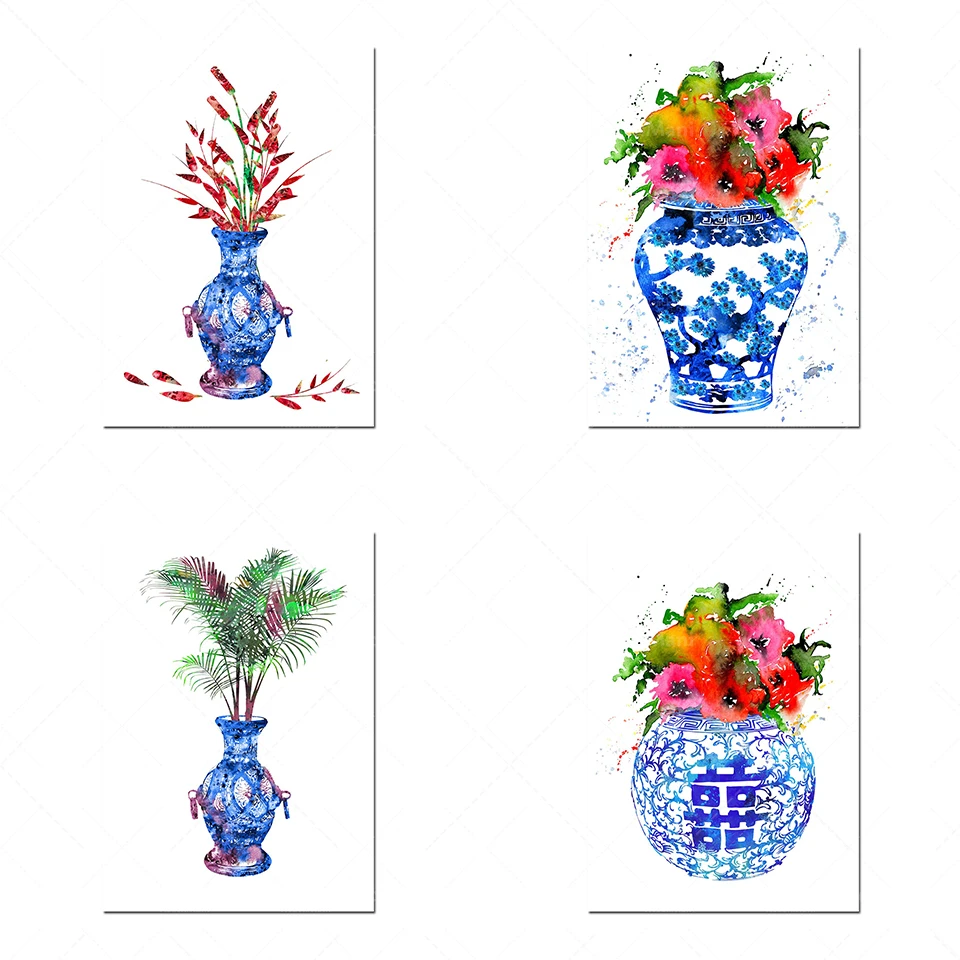 

Ming vase, double happiness, blue and white porcelain vase, Ming print Chinese style, watercolor painting home decor poster