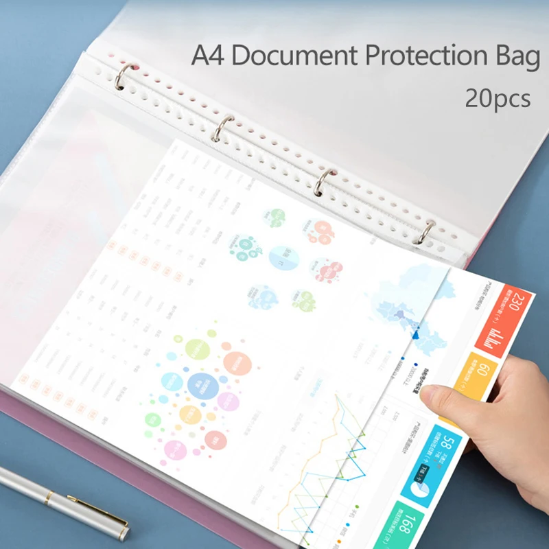 

20pcs A4 Transparent PP File Holder Notebook Loose Leaf Pouch Punched Pocket Folders Filing Document Sheet Protectors Folder Bag