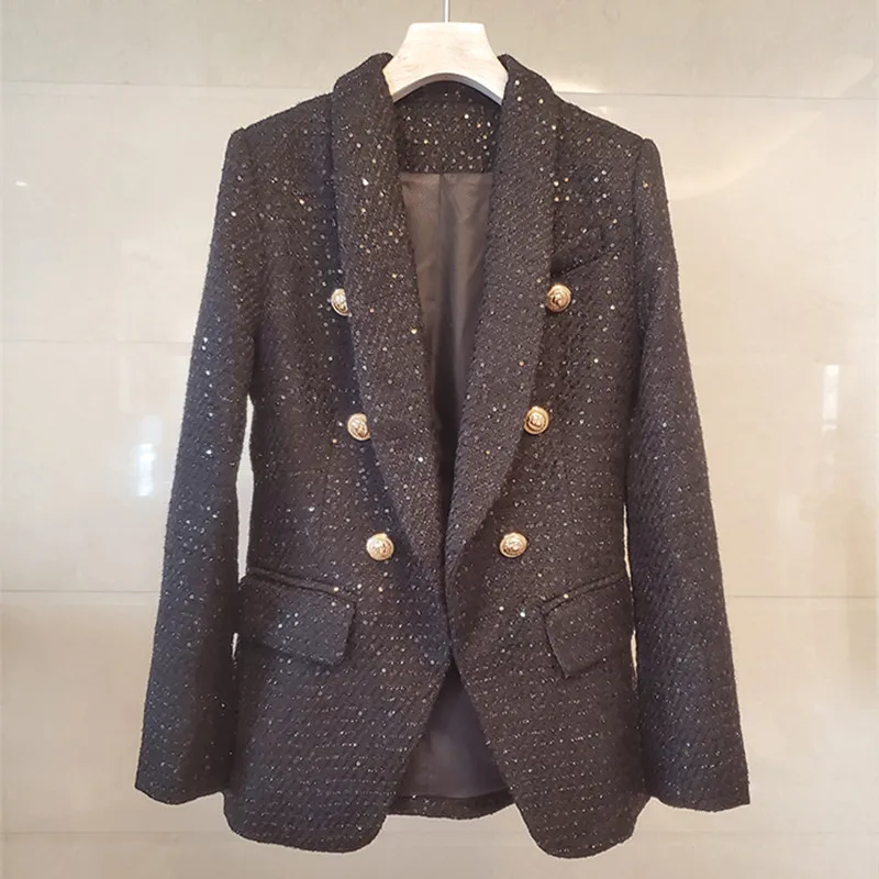 

France Style Elegant Sequins Women Blazer jackets High quality Women winter double-breasted tweed coat C584