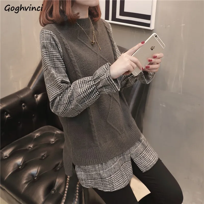 Sweaters Women Winter Patchwork Plaid Flare-sleeve Pullovers Korean-style Loose Fake Two Pieces Knitting Rhombus Trendy Casual