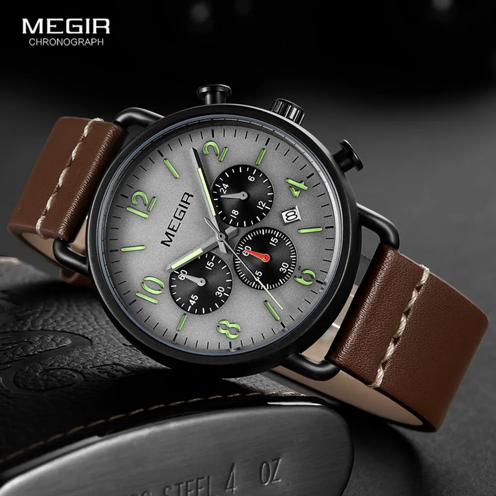 MEGIR Men Watches 2020 Luxury Top Brand Leather Strap Chronograph Quartz Watch Man Fashion Military Luminous Wristwatch 2158