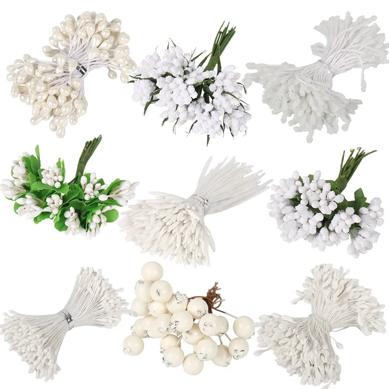 White Theme Mixed Hybrid Artificial Flower Cherry Stamen Berries Bundle DIY Cake Christmas Wedding Gift Box Wreath Decor 144pcs