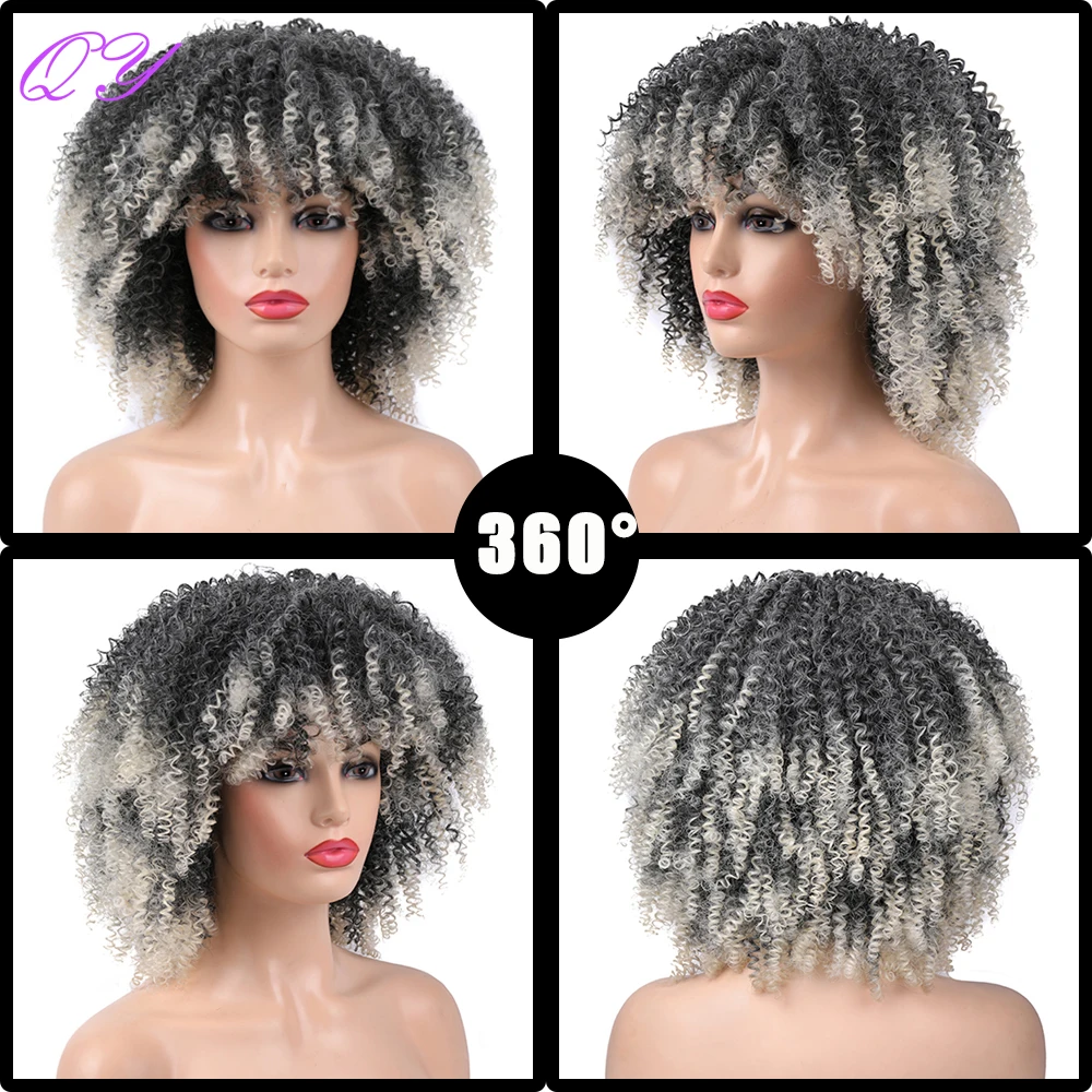 Feminino natural sintético curto afro kinky encaracolado perucas cinza escuro ombre prata cinza com franja cosplay festa peruca de cabelo resistente ao calor