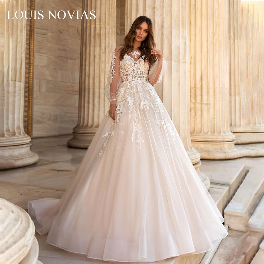 Louis Novias Abito Da Sposa Manica Lunga Ricamo Squisito Spazzata Spazzola Treno Illusion Scollo A V Abiti Da Sposa Vestido De Noiva