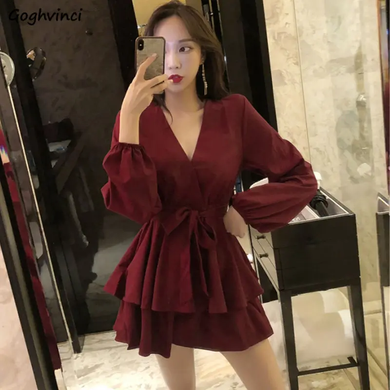 Long Sleeve Dress Women Sashes Pleated V-neck Solid Stylish Sexy Mini-dresses Lady Club Wear High-waist Korean-style Trendy Chic