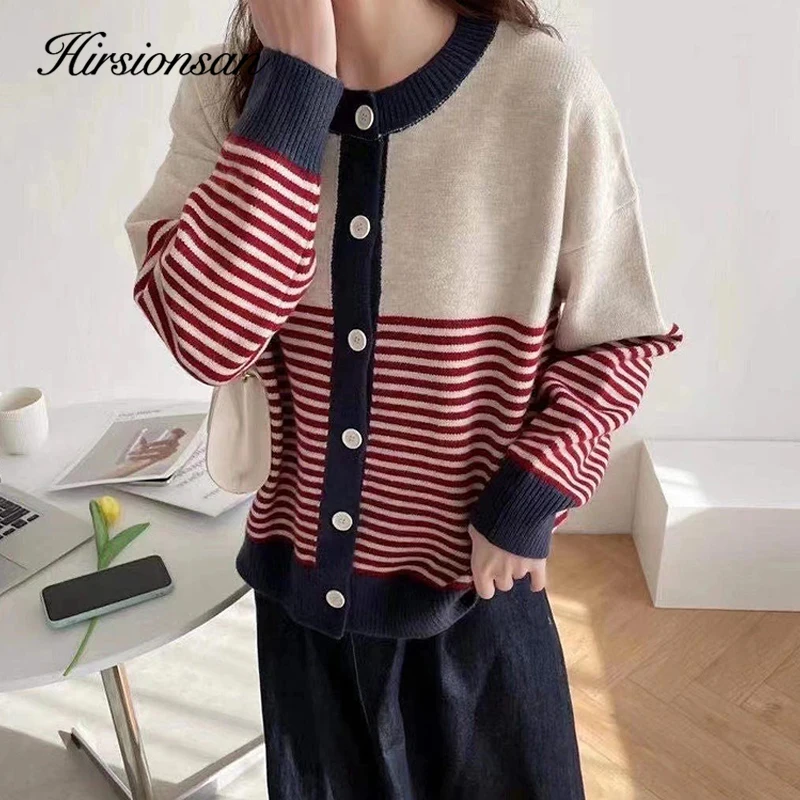 Hirsionsan Autumn Winter Striped Patchwork Knit Cardigans Women Single Breasted Vintage Korean Sweaters Female Cropped Cardigan