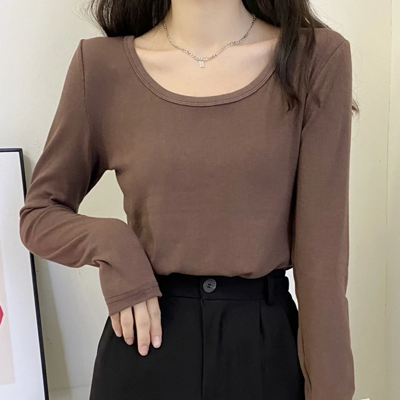 

Tee Shirt Femme Solid Screw Thread T Shirt Women Spring Long Sleeve Top Poleras Mujer Slim Cotton Tshirt Korean Clothes Autumn