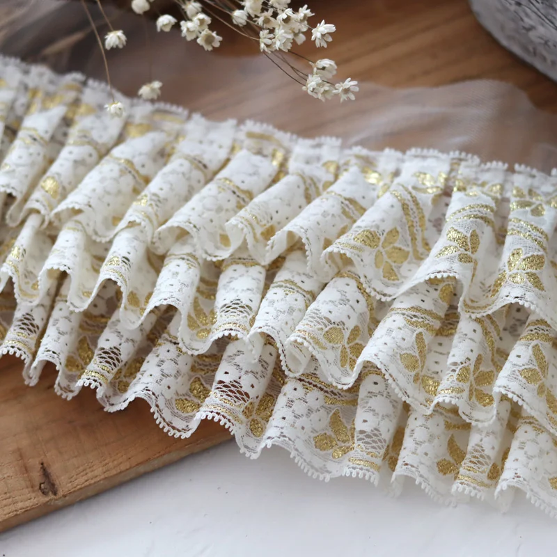 12CM Wide Luxury Three Layers Glitter Golden Embroidered Mesh Fabric 3d Pleated Lace Ruffle Trim Wedding Dresses Sewing Decor