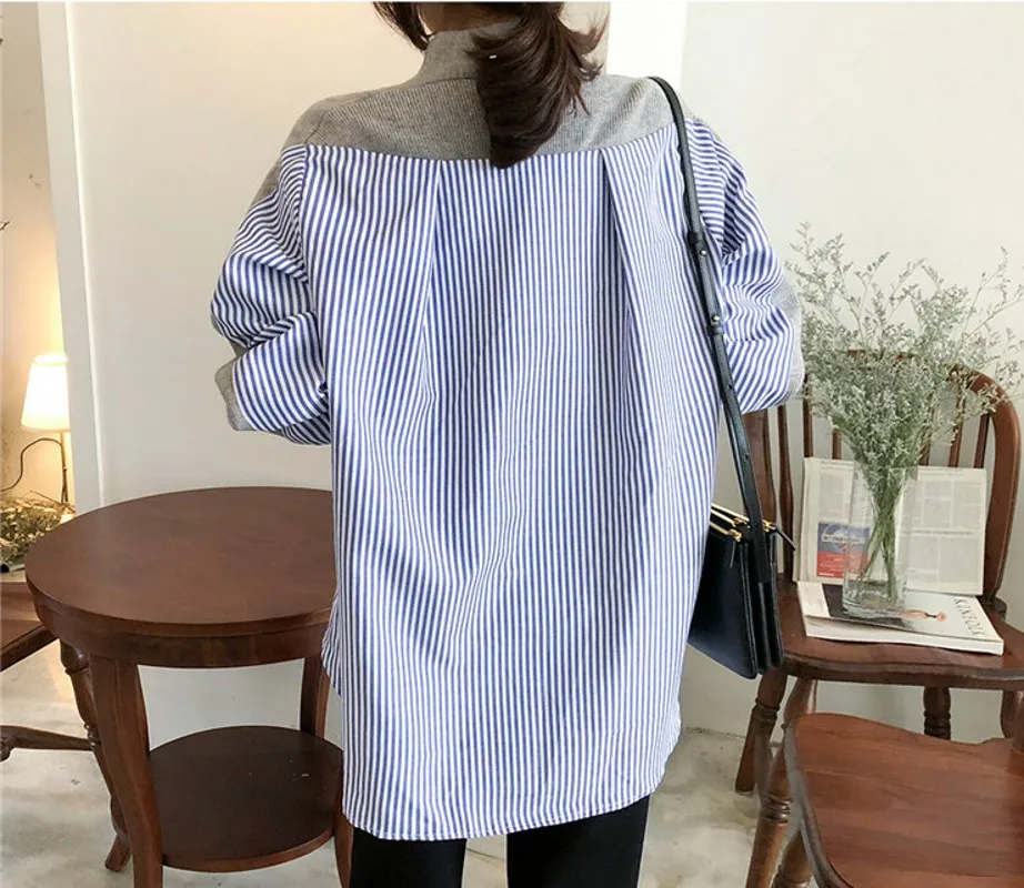 2020 Autumn New Striped Fake two-piece Stitching Fake Two Piece Women Knit Outwear Loose Shirt Batwing Sleeve Sweater