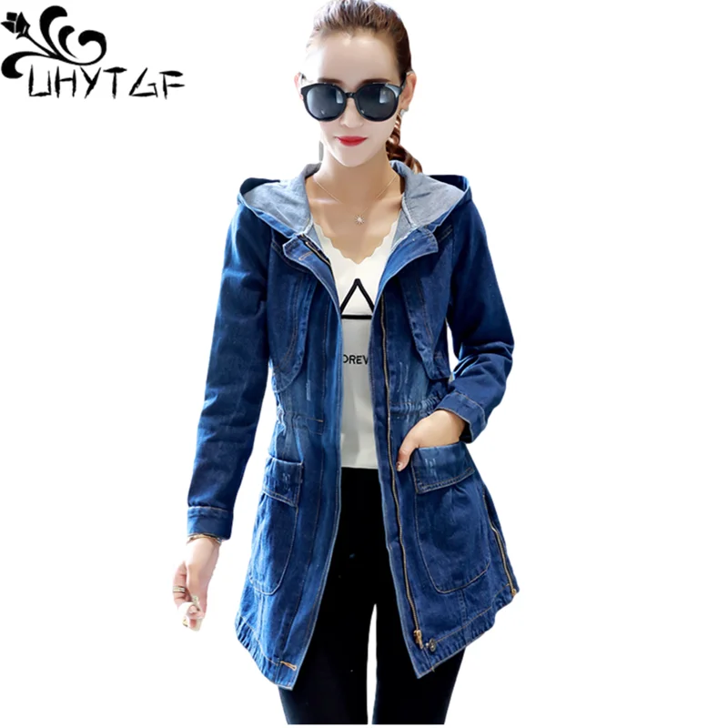 

UHYTGF Spring Autumn Jacket Women Hooded Jeans Coats 5XL Ladies Outwear Long Sleeve Denim Windbreaker Female Abrigos Mujer 859