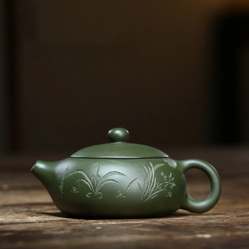 

marked tea pot bamboo carved real yixing zisha green clay flat xishi pot Chinese kungfu pot on sales ball shaped infuser holes