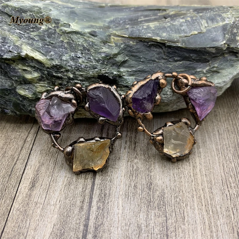 

Antique Copper Natural Raw Amethysts Citrines Annulus Vintage Crystal Stone Necklace Pendants Bohemia Jewelry Making MY210630