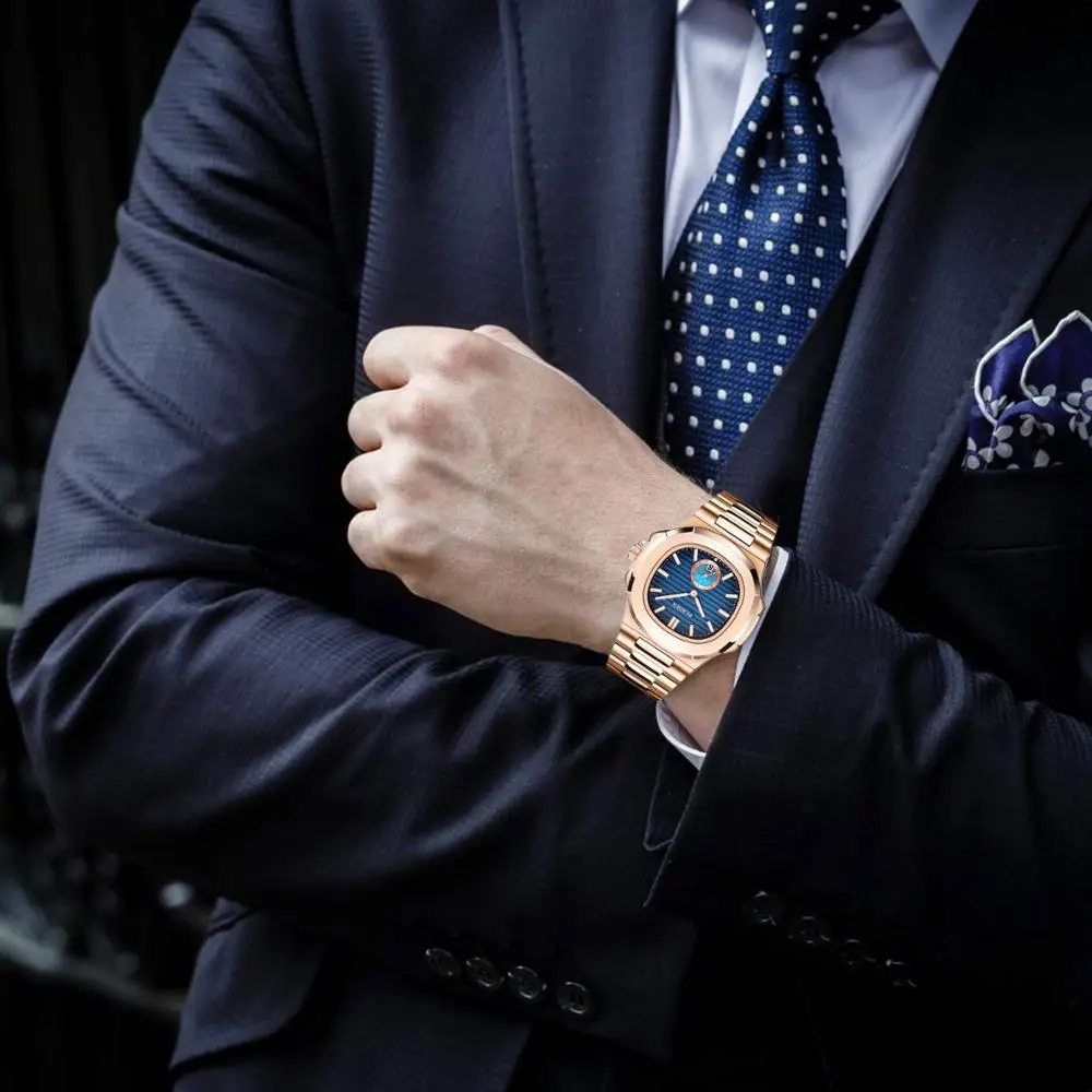 PLADEN-reloj cuadrado de acero inoxidable para hombre, cronógrafo de marca de diseñador clásico azul, fase lunar, luminoso, para negocios