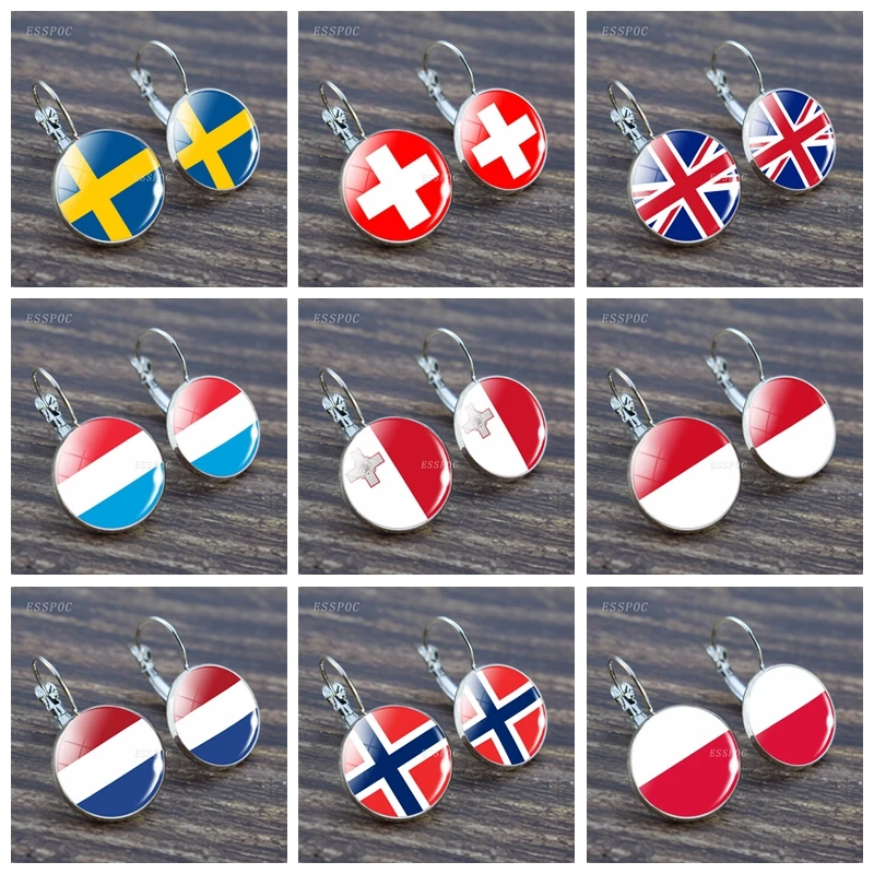 Moda kobiety kolczyki Hoop kraje europejskie finlandia szwajcaria francja dania szwecja włochy szklane kopuły kolczyki flagi narodowej