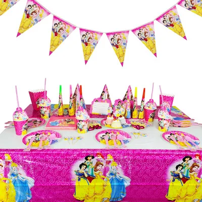 Disney Princess Theme Disposable Birthday Party Cup Plate Tablecloth Kids Girl Party Supplies Decoration Tableware Dinner Sets