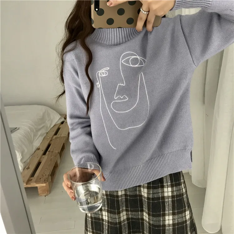 Character Embroidered Sweater Woman High Collar Long Sleeve Knit Wool Pullover Spring and Autumn 2019