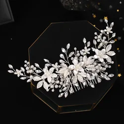 Wedding Floral Hairpin Side Comb Bridal Hair Jewelry Imitation Pearl Hair Clip New Fashion Princess Tiaras Marriage Headpiece