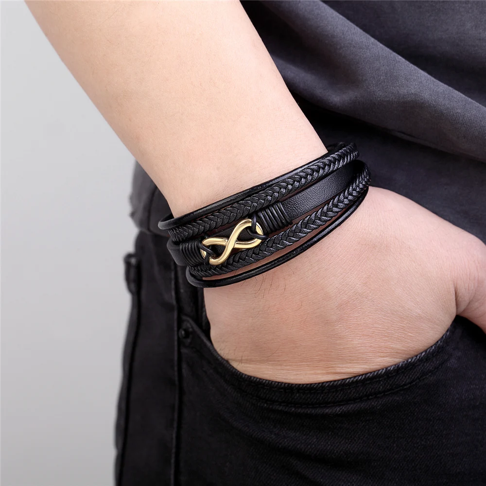 New Multi-Layer Genuine Leather 8 words Bracelet For Men Stainless Steel Magnetic Clasp Fashion Bangles Male Jewelry Pulseira