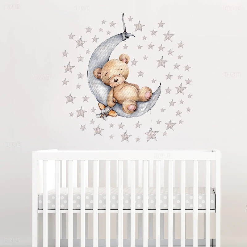 Watercolor Balloon Bunny and Brown Bear Wall Stickers for Kids Room Baby Nursery Room Decoration Wall Decal Party PVC Watercolor image 4