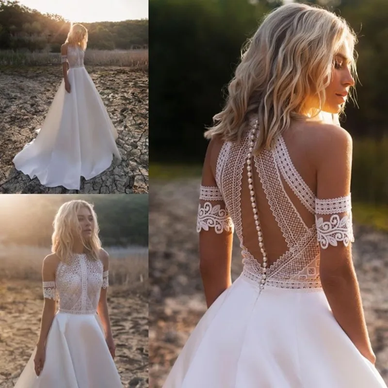 Vestido de novia bohemio de satén personalizado DREAM para novias 2025, vestido de novia con cuello Halter de encaje y hombros descubiertos con mangas desmontables