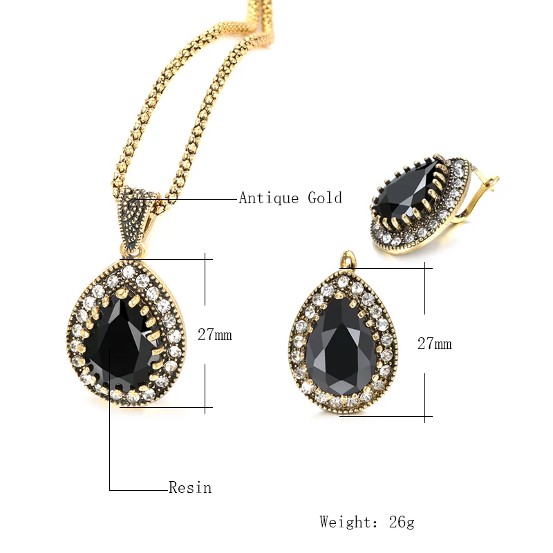 Wbmqda 2020 Ethnic Turkish Jewelry Sets Black Stone Earrings Necklace For Women Antique Gold Crystal Vintage Wedding Jewelry