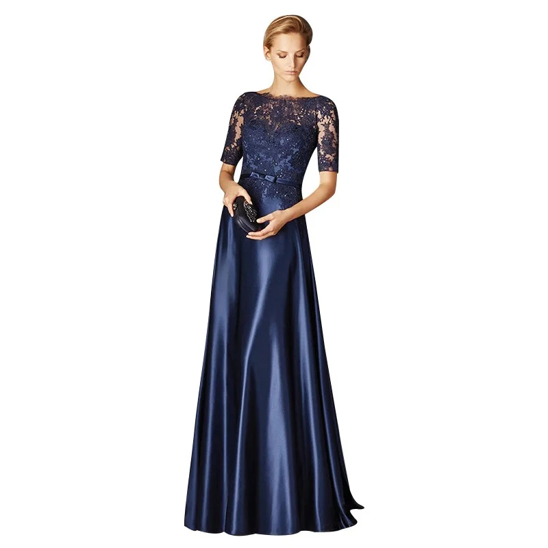 Blu navy 2025 Abiti per la madre della sposa A-line in raso mezze maniche Appliques Abito lungo per la madre della sposa in pizzo personalizzato