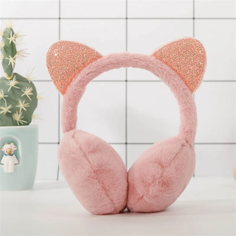 Inverno outono do falso pele earmuff senhoras bonito gato lantejoulas orelha earflap pelúcia quente earmuff para meninas