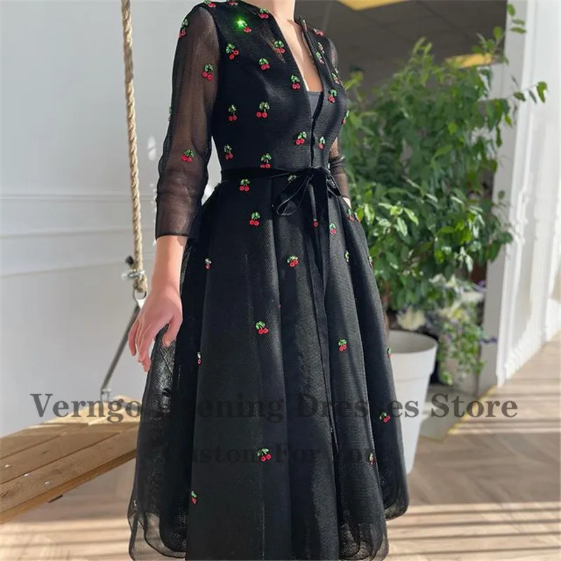 Verngo Modest Black 2/3 Long Sleeves Evening Dresses A Line Square Neck Tea Length Prom Gowns 2021 Spring Women Casual Cloth