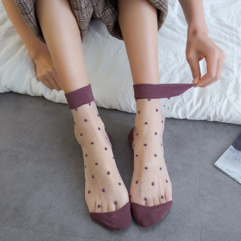 Transparent Cute Socks Ultra-Thin Glass Lace Silk Socks Women Harajuku Japanese Style Sox Girl Sweet Candy Color Thin Hosiery