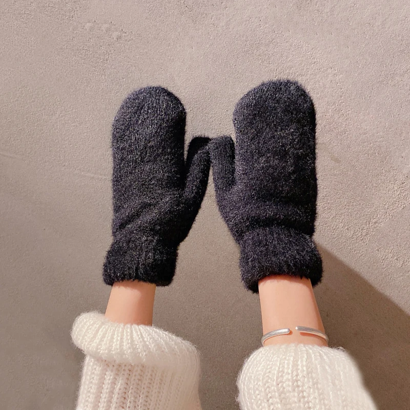 Simple Style Knitting Wool Plus Velvet Thicken Full Finger Women Winter Mittens Gloves Hairy Cute Lovely Sweety Keep Warm Soft