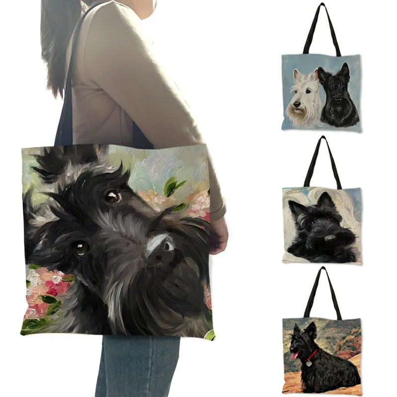 Dropshipping Scottish Terrier Painting Shoulder Bag Dogs Printed Shopping Travel Bags For Women  Eco Linen Casual Totes