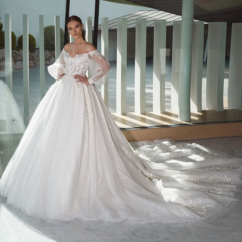 Vestidos De Novia オフショルダーボールガウンのウェディングドレス長袖高級 Abito Da Sposa V ネックファッションローブデマリアージュ