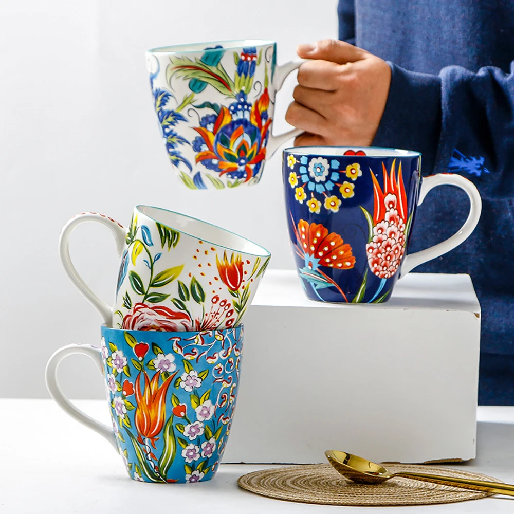 Hand-painted Ceramic Breakfast Cups,  Flower Pattern, Milk, Oatmeal, Coffee Cup, Exquisite White Porcelain Mug, 550ml