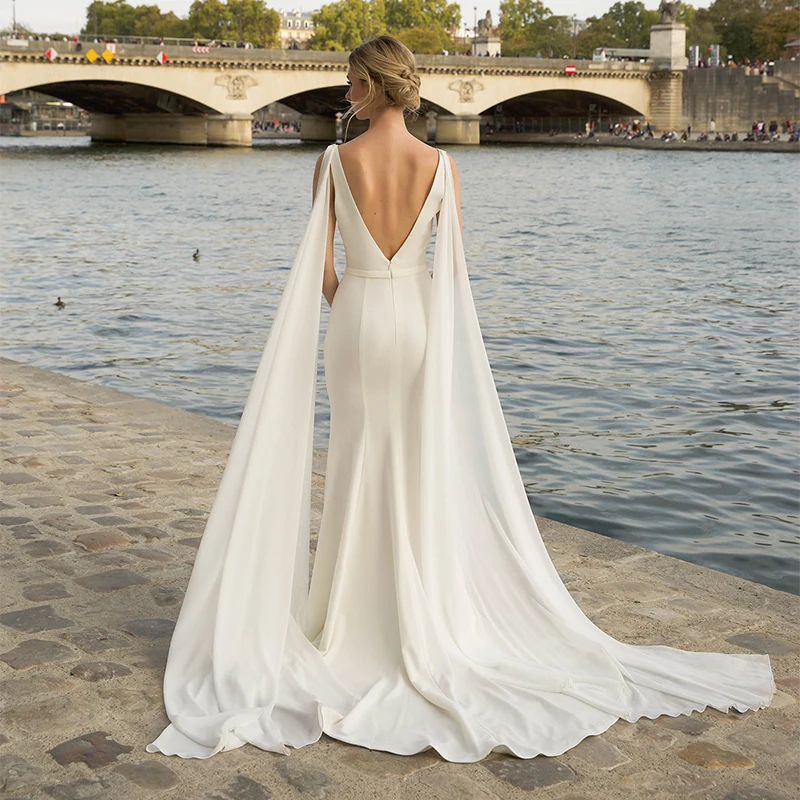 Abito da sposa a sirena con doppio scollo a v aderente semplice senza schienale 2021 nuovo staccabile in Chiffon drappeggiato con cerniera abiti da sposa semplici da spiaggia