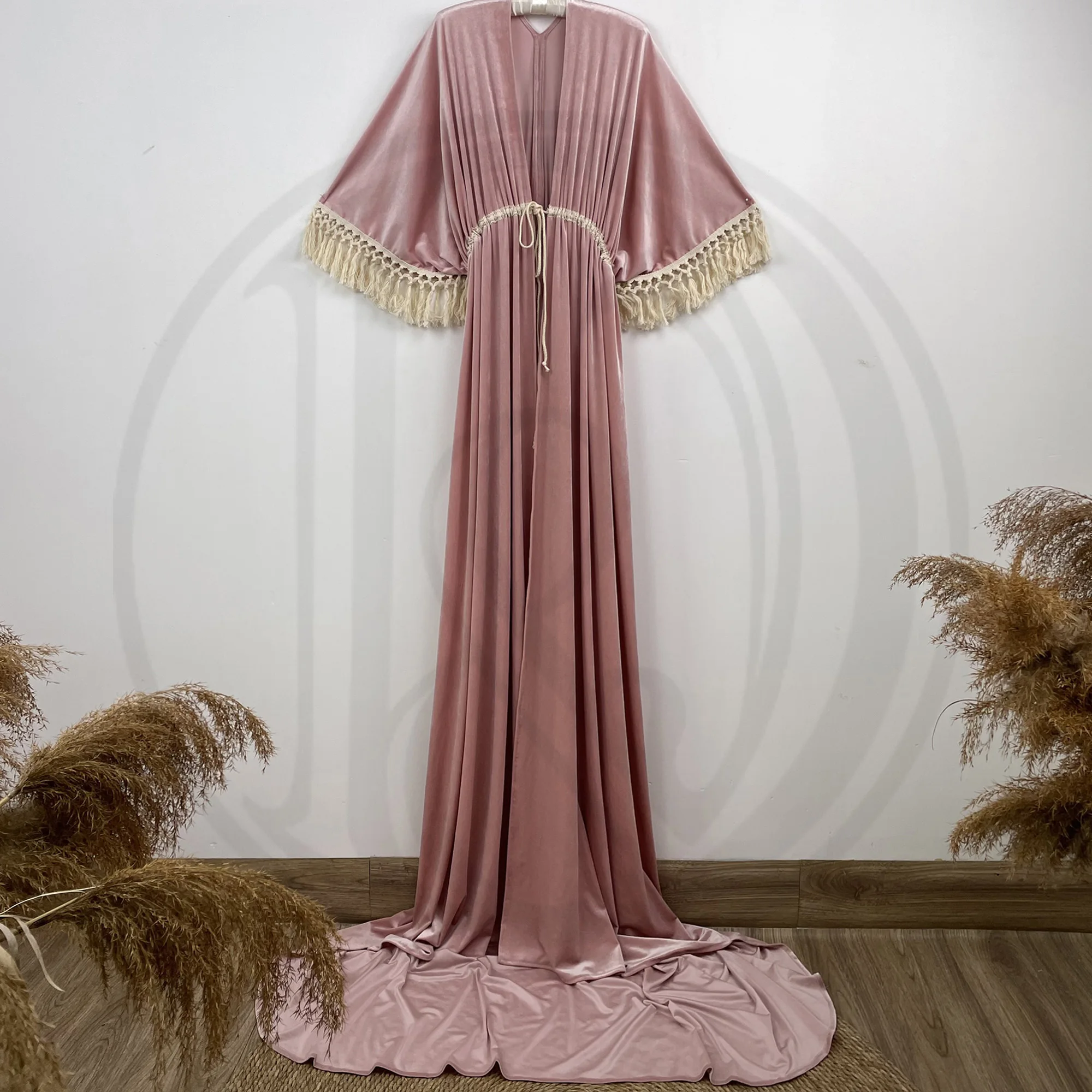 Vestido de renda maxi com manga longa e divisão frontal, vestido para maternidade, sessão de fotos, vestido de veludo para grávidas, fotografia, acessório para presente de chá de bebê