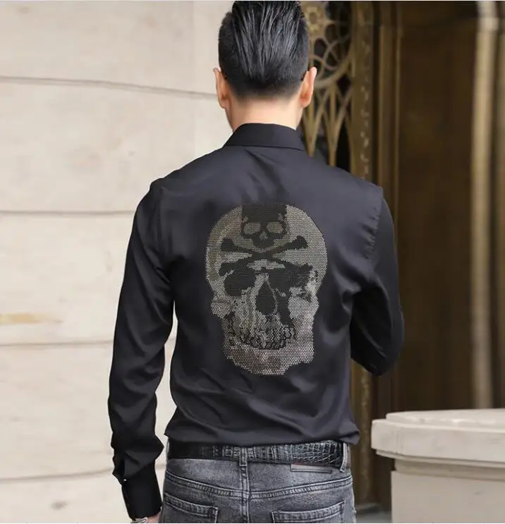 Fashion Men  Hot drilling Skulls  shirts long  Sleeve  Rhinestones  summer Male  Clothing Mens Casual