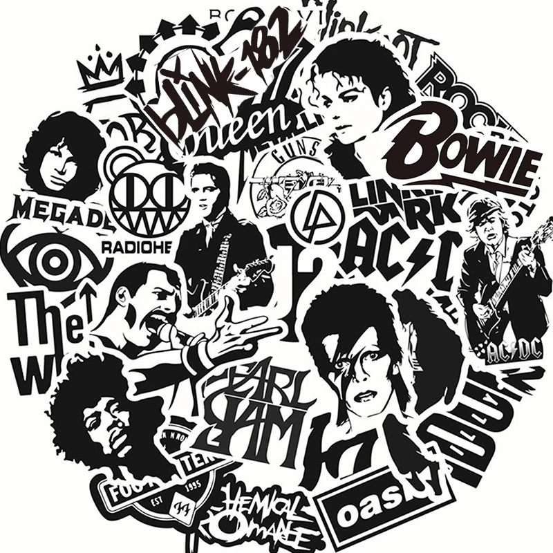 10/30/50 pçs preto e branco rock band adesivos diy à prova ddiy água skate guitarra motocicleta bagagem graffiti legal adesivo brinquedo do miúdo