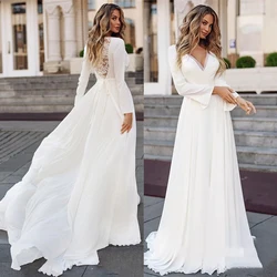 DREAM Customized Chiffon Illusion Back Long Sleeve Boho Wedding Dress Simple V-Neck Appliques Bridal Gown Vintage Bohemian 2025