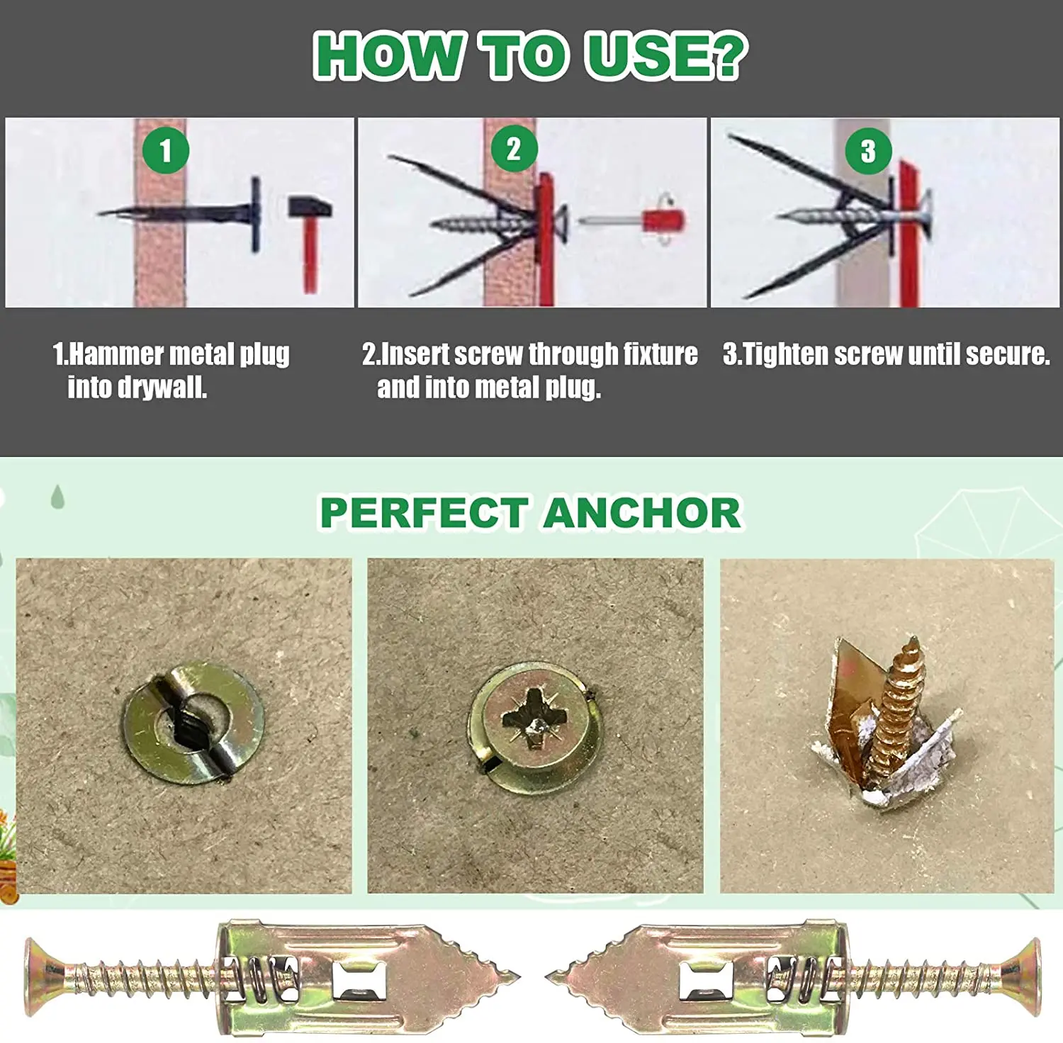 Martelo em Metal Âncoras Drywall com Kit Parafusos Self Tapping, Âncora de Parede, Fixação e Parafuso para Gesso Cartonado, 10x30mm, 10Pcs