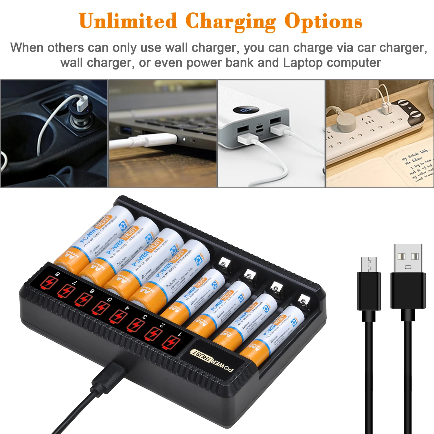 AA AAA Battery Charger 8 Slots Fast Charge with LCD Display for AA AAA Ni-MH Rechargeable Batteries