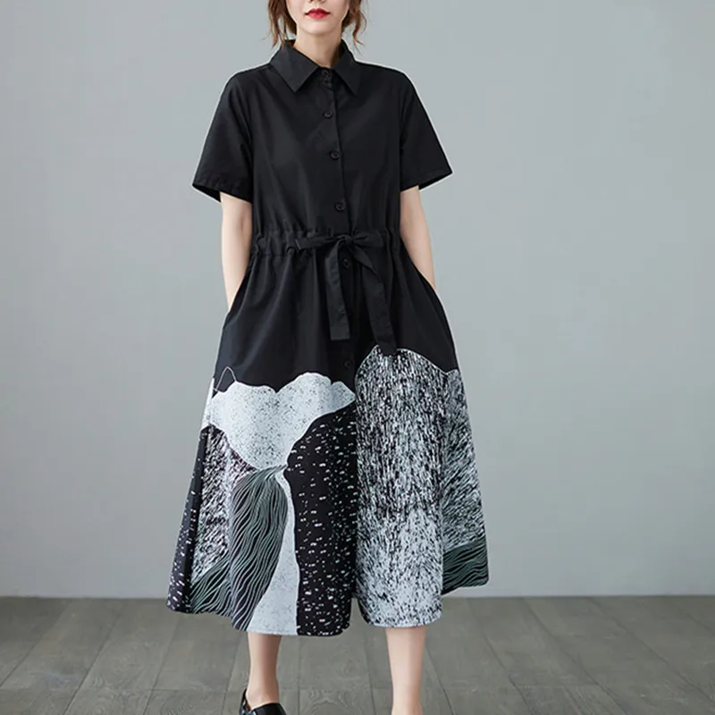 Japanese Yamamoto Dark Style Street Fashion Girl's Black Blouse Dress Cotton Print Draw String Women Travel Casual Summer Dress