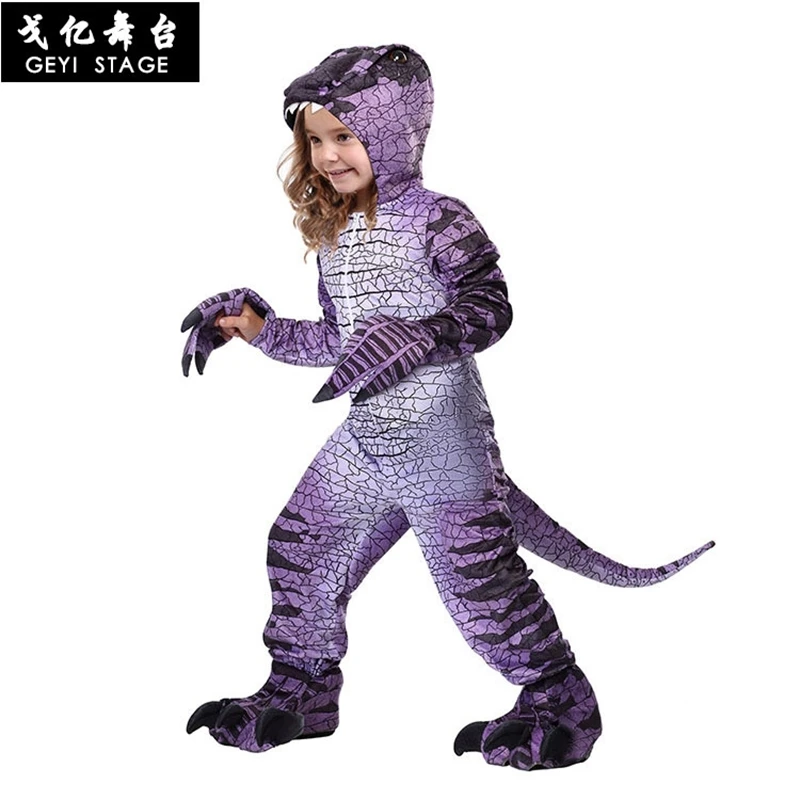 Nieuwe Paars Raptor Hot Halloween Party Cosplay Kostuum Jurassic Raptor Beest Paars Tyrannosaurus Dinosaurus Partij Voor Meisje Kid