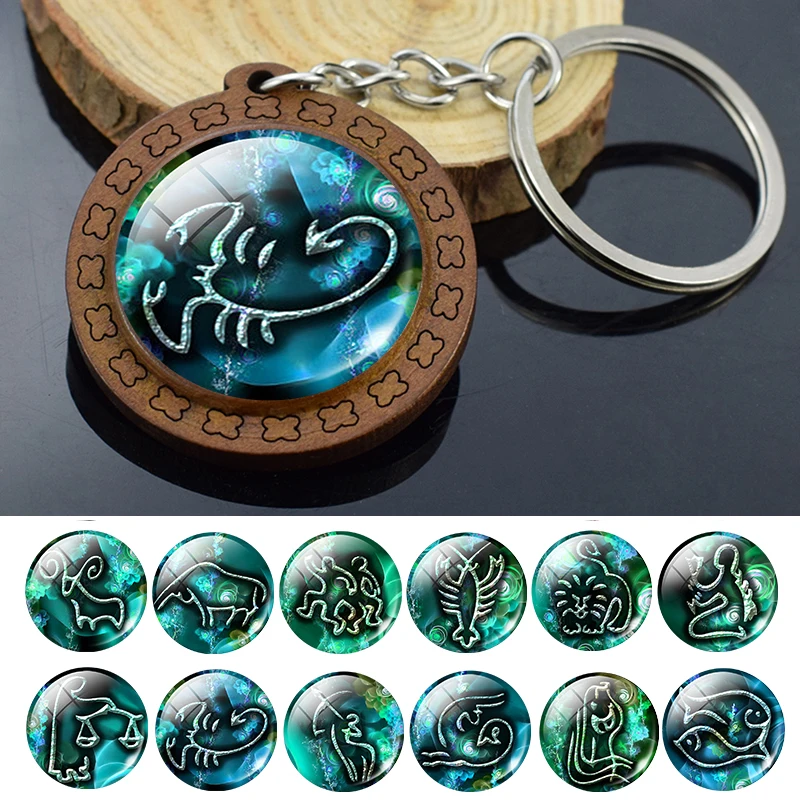 12 Constellation Wooden Keychain Pendant Zodiac Aquarius Pisces Aries Taurus Gemini Cancer Leo Keyring Key Charms Birthday Gift